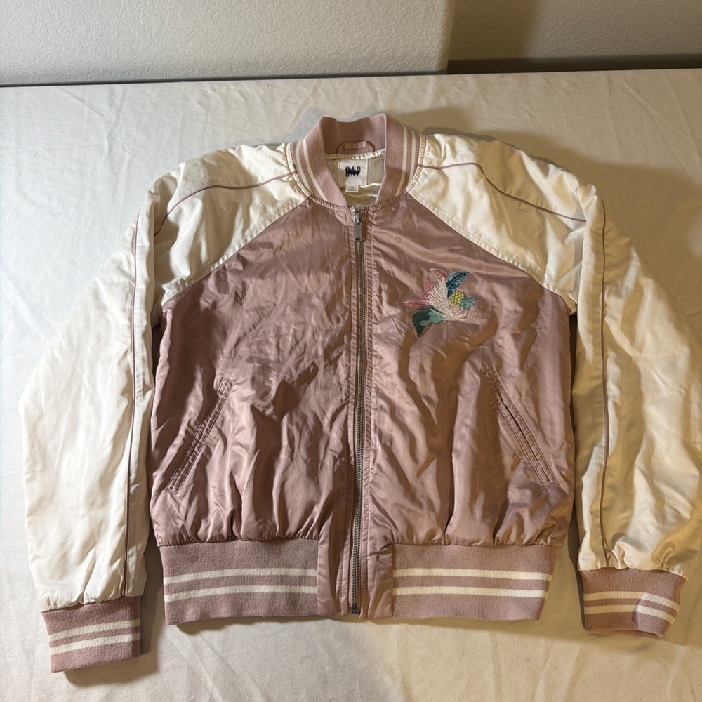 Gap Women's Satin Bomber Jacket Pink With Cream Sleeves Embroidered‎ Bird XS